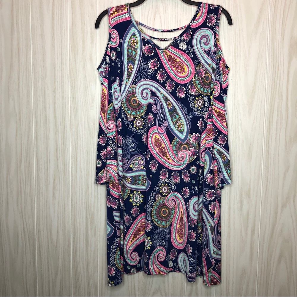 Paisley Multicolor Cold Shoulder Dress Pocket Navy